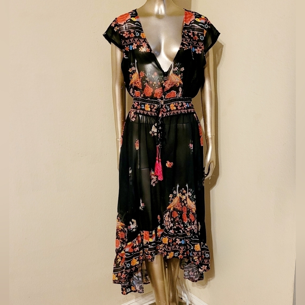 NWOT Floral Shirred Waist Tie Front Ruffle Hem Boho Sheer Dress Sz M - Picture 15 of 16